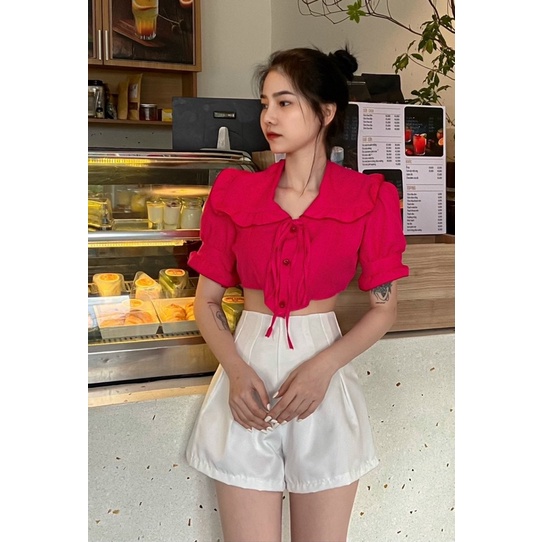 Áo voan croptop cài nút buộc dây nơ vạt nhọn ngắn tay bèo màu trơn - Mã: 756 TV-Fashion