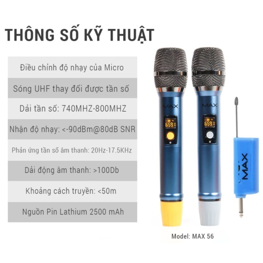 Bộ 2 miccro hát karaoke không dây UHF MAX 56 tích hợp sạc pin, cho chất lượng âm thanh trung thực bảo hành 12 tháng