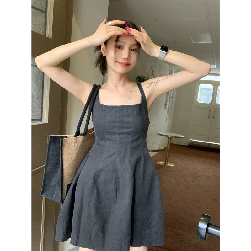 ✘☃■Đầm Ngắn Hai Dây Buộc Eo Phong Cách Pháp Thời Trang Mùa Hè Cho Nữ