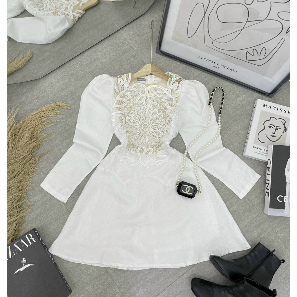 Đầm gấm cao cấp phối ren ngực tay dài NÀNG CLOSET