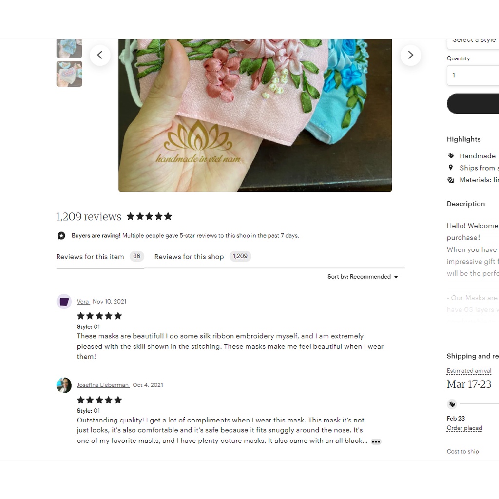 Khẩu trang thêu hoa ruy băng siêu độc, có nẹp mũi