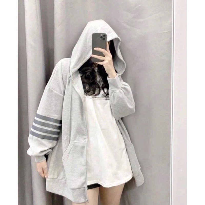 Áo Khoác 4 Vạch Ống Tay Thom Form Rộng Tay Phồng, Áo Hoodie Kéo Khóa