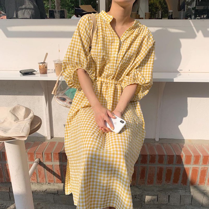 Váy suông dài Vintage Hàn Quốc kẻ sọc caro vàng nhẹ nhàng thắt eo đơn giản (MẪU MỚI 2020)