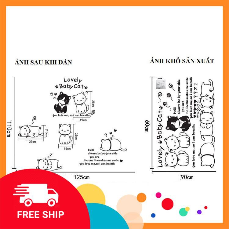 ⚡️𝗙𝗥𝗘𝗘𝗦𝗛𝗜𝗣⚡️  Decal dán tường Mèo xinh và dây đèn dây hoa - tranh decal trang trí phòng ngủ