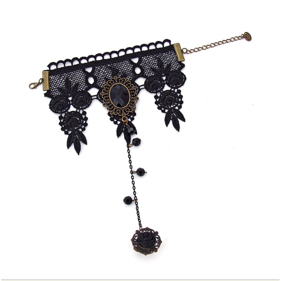 Vòng tay choker nữ ren đen đính nhẫn hoa hồng phong cách quý phái