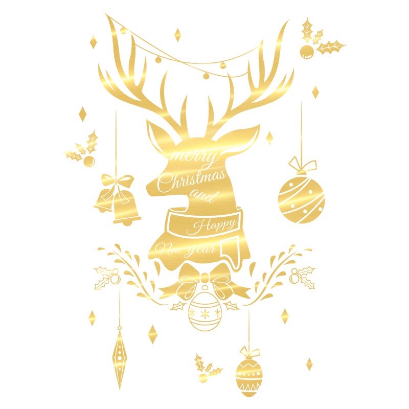 Decal trang trí Noel - Đầu Nai treo châu nhũ ánh vàng cao cấp