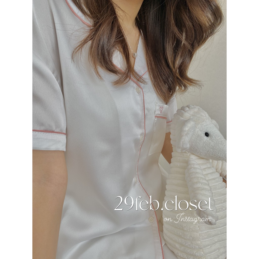 Set Pyjamas lụa trơn thêu trái tim kèm scrunchies (Ảnh video thật 29feb chụp)