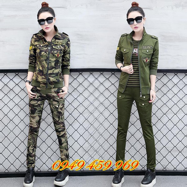 Bộ Quần Áo Khoác Lính Nữ Nhập Xịn Màu Xanh Rêu / Rằn Ri