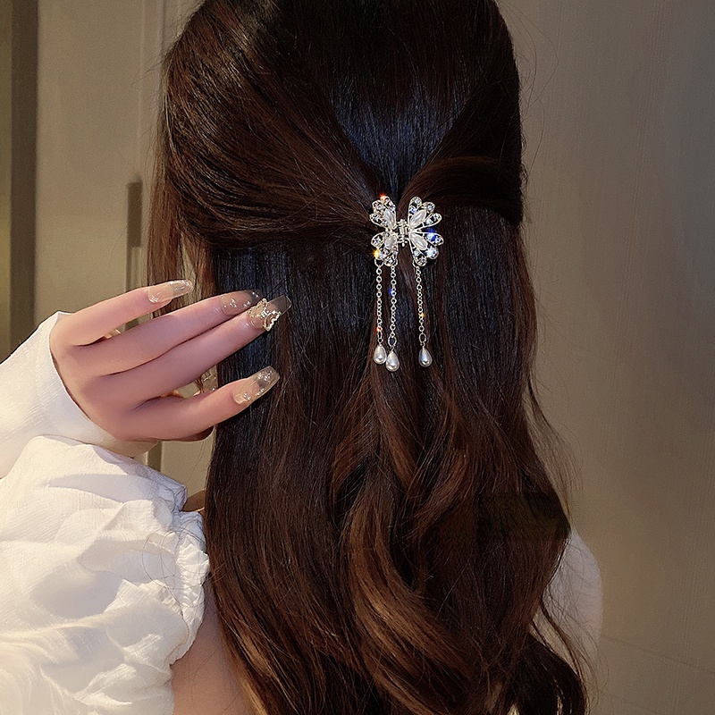 Kẹp Tóc Kim Loại Hình Bướm Đính Đá Và Ngọc Trai Phong Cách Hàn Quốc