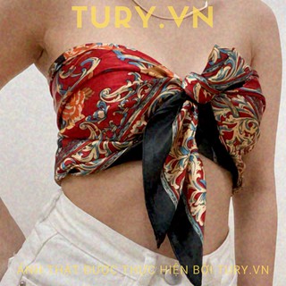 Khăn Lụa Vuông Satin Turban 90x90cm Làm Áo Yếm Khăn Quàng Cổ Họa Tiết Hoa Hồng Nền Đỏ - Tury.vn - Mã TB017