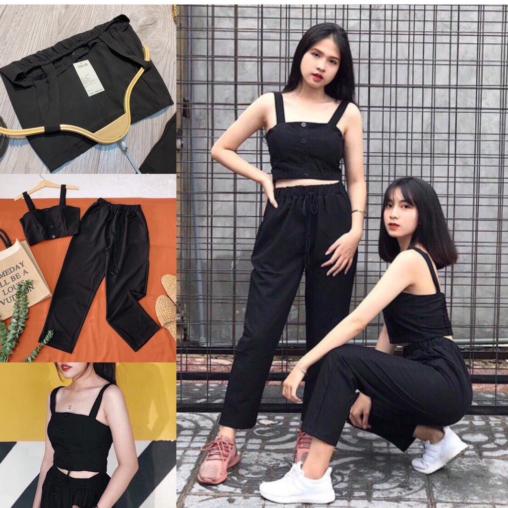 SET ÁO CROPTOP 2 DÂY QUẦN BAGGY ĐŨI HOT
