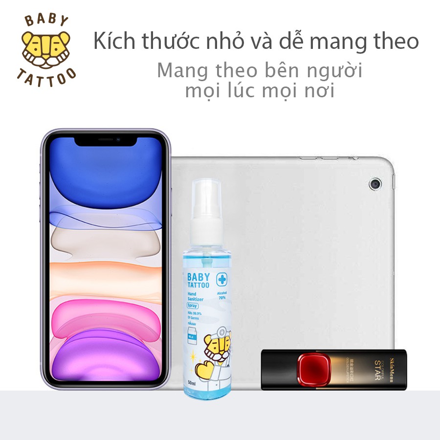 Gel Rửa Tay Khô BABY TATTOO Sạch Siêu Nhanh, Bảo Vệ Vượt Trội, Diệt Khuẩn 99%, Dung Tích 50ml, 100ml