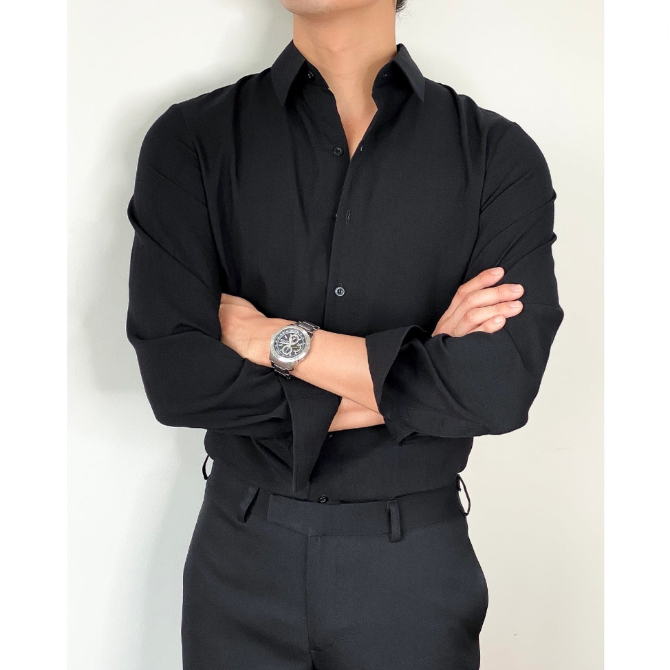 Áo sơ mi dài tay nam cổ đức chuẩn form MANDY Đen