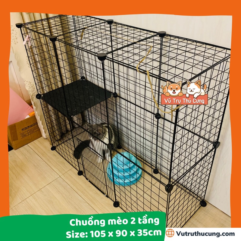 Chuồng Mèo 2 tầng bằng sắt, Tấm ghép chuồng Mèo nguyên bộ| Lồng cho Chó mèo size to