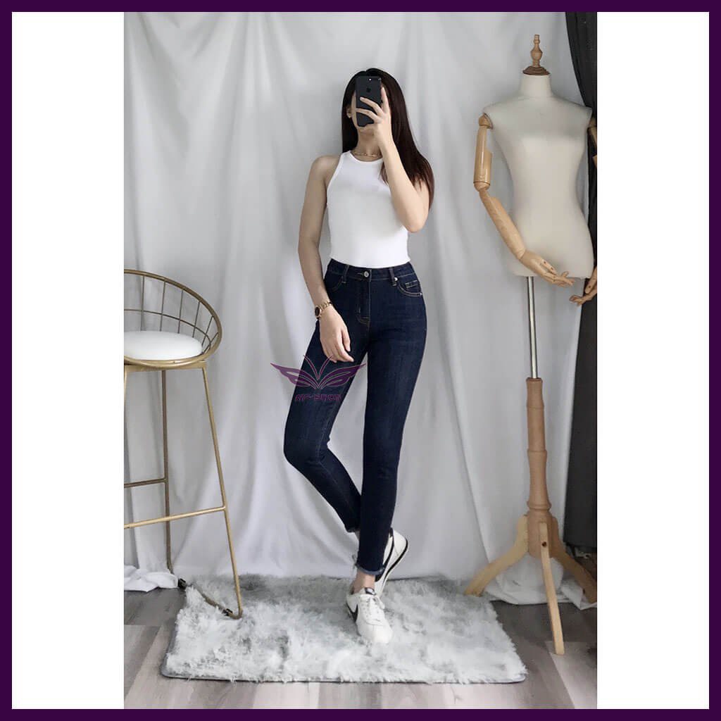 Quần skinny jean nữ lửng lưng cao, quần bò ôm cạp cao 9 tấc co giãn NPQUAN022