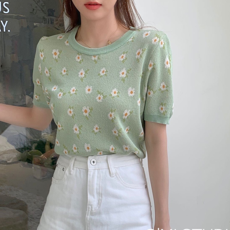 Áo Dệt Kim Tay Lỡ Thời Trang Trẻ Trung 1751020Áo Thun Dệt Kim Nữ Tay Lửng In Hoa Nhỏ Dễ Phối Đồ
