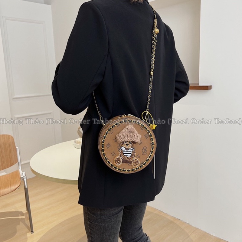 Túi hộp tròn đeo chéo hoạ tiết gấu cao cấp siêu xinh♥️