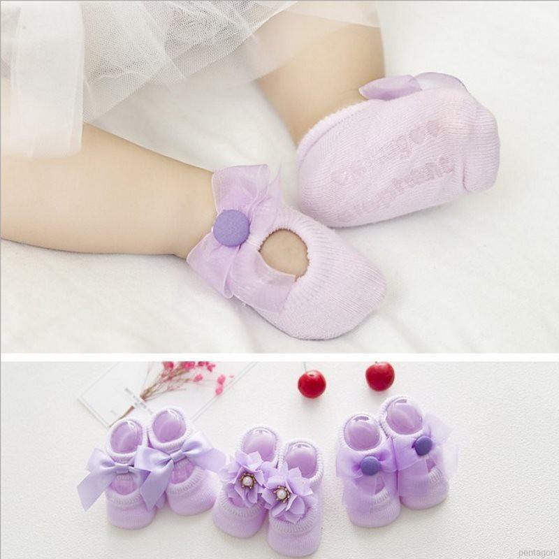 3 Đôi vớ cotton chống trượt đính nơ/ hoa xinh xắn dành cho bé gái