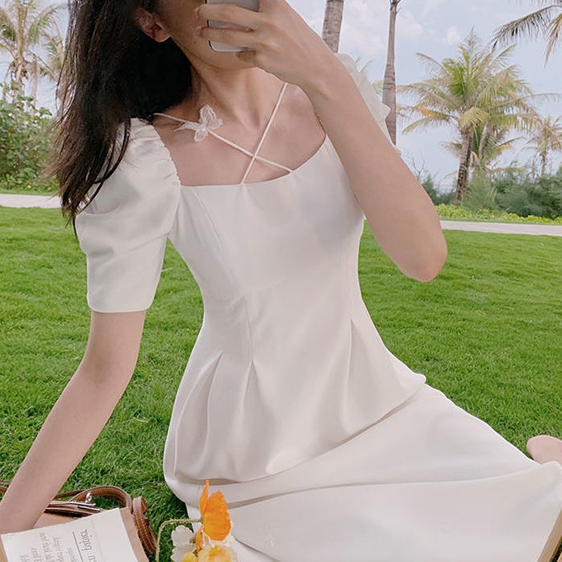 đầm trắng đầm bigsize nữ váy đi biển váy bầu mùa hè đầm midi đầm nữ váy nơ đầm cổ vuông đầm hở lưng đầm tay phồng đầm đi tiệc váy tiểu thư sang chảnh