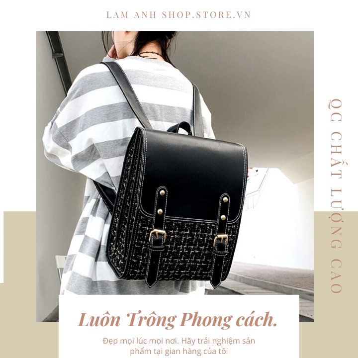 Balo nữ Thời Trang JASMIN NOIR Dáng Vuông Nhỏ Bằng Len, thiết thế đẹp, ngăn chứa đồ rộng rãi, có thể để laptop 14Inch