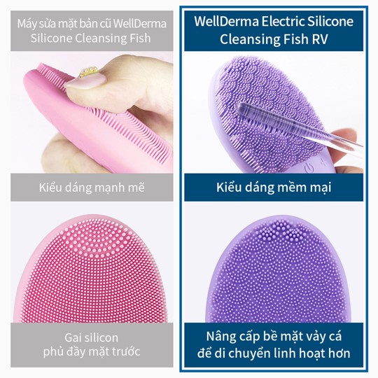 Máy rửa mặt điện WELLDERMA silicon đuôi cá dạng rung mát-xa nhẹ nâng cấp nhiều chức năng và màu sắc