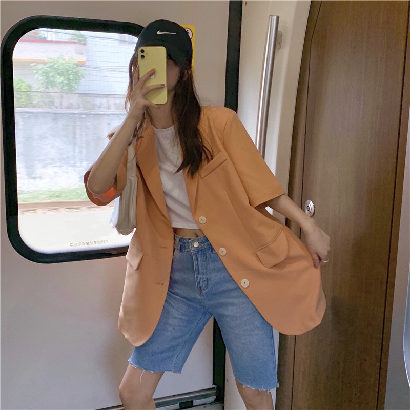 Ảnh thật 5 hình cuối-HC616.Áo blazer cam ngắn tay mùa hè phong cách Hàn Quốc | BigBuy360 - bigbuy360.vn