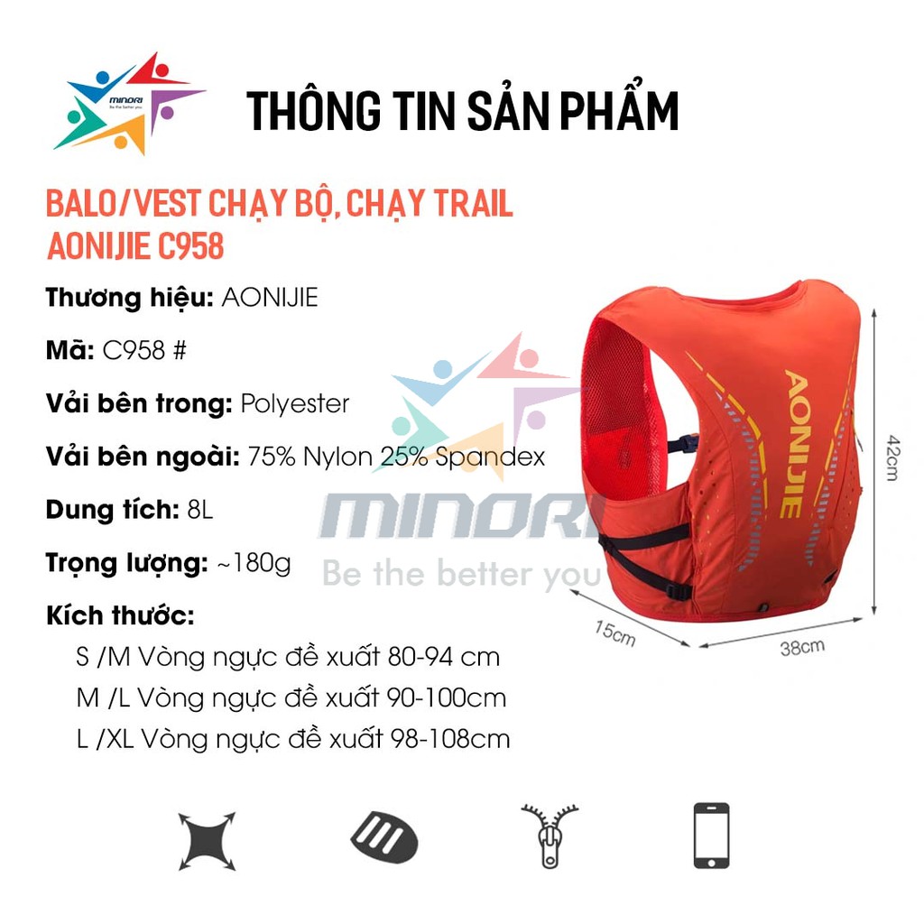 Balo Vest Nước Chạy Bộ, Chạy Trail Aonijie C958 - Siêu Thoáng Khí, Nhỏ Gọn