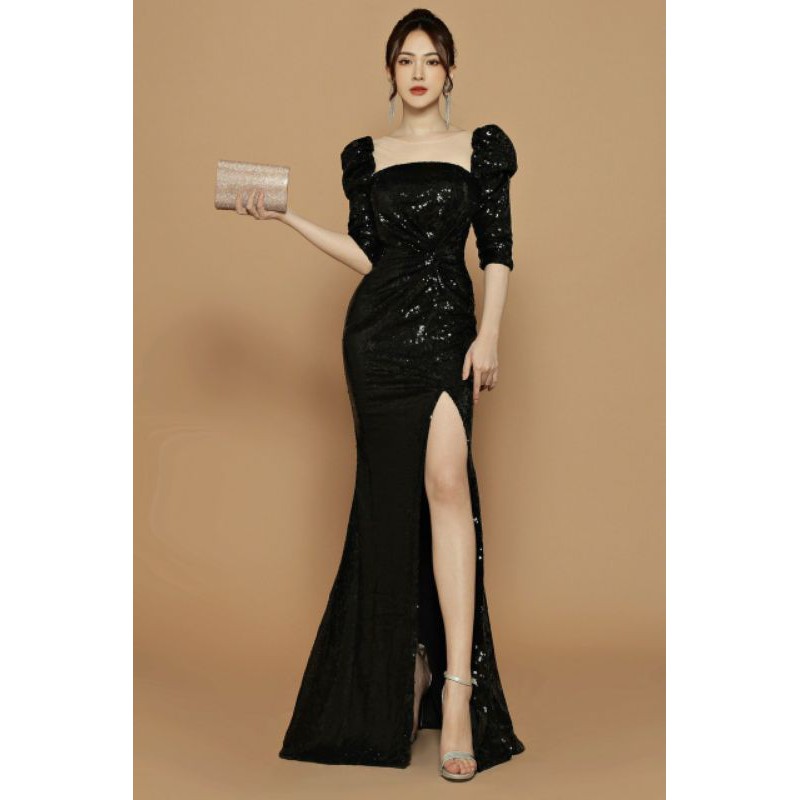 Đầm dạ hội kim sa tay lỡ cao cấp  tặng hoa taie