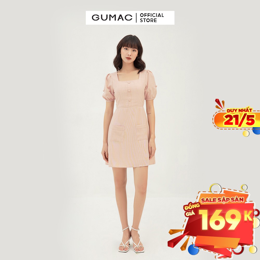 Đầm nữ dáng chữ A cổ U túi đắp GUMAC màu cam, đủ size, thanh lịch, trẻ trung DB312