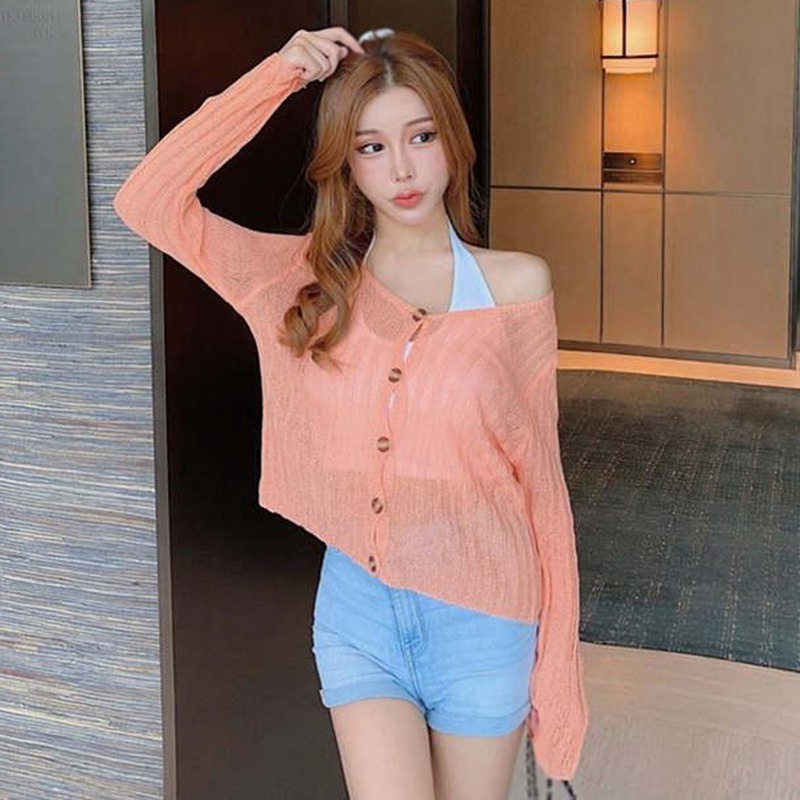 Áo Cardigan dệt kim mỏng tay dài cổ chữ V chống nắng