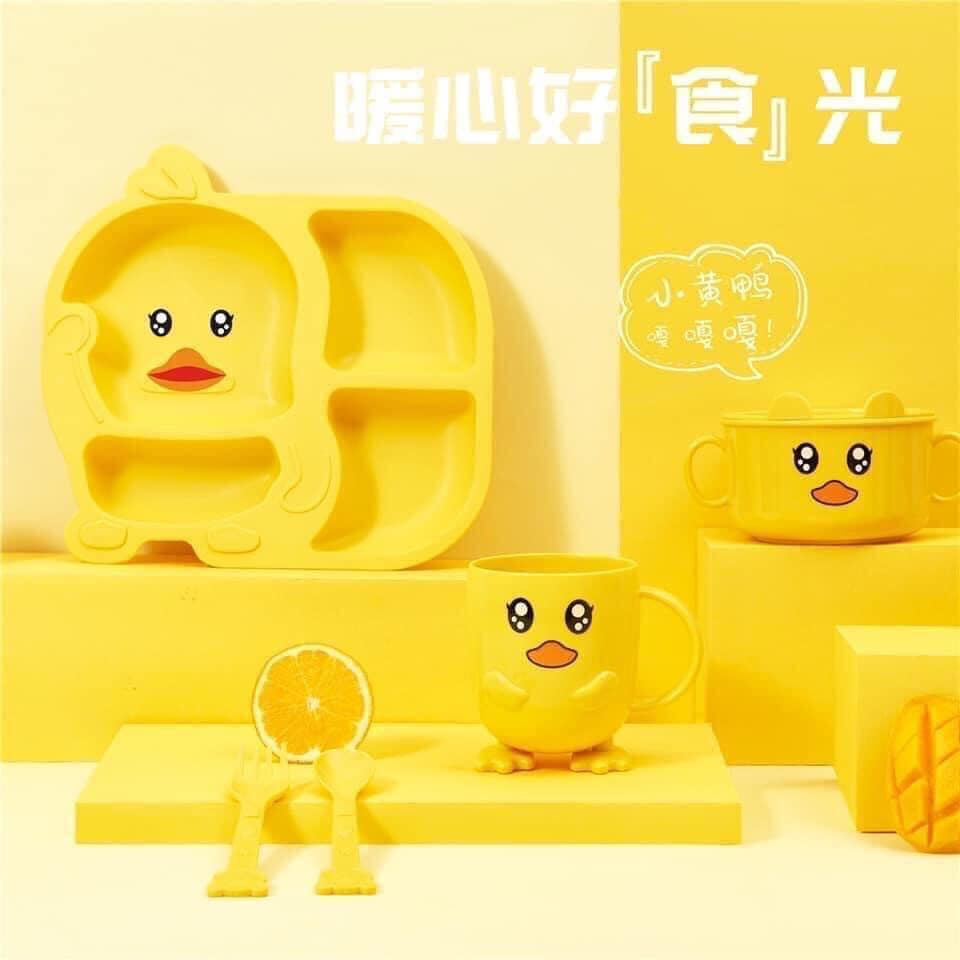 Combo Khay ăn dặm 4 ngăn hình con vịt siêu đáng yêu cho bé, tập ăn dặm kiểu Nhật kèm cốc