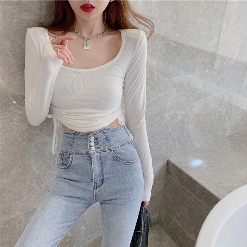 Áo kiểu tay dài croptop cổ u ôm thời trang có nữ