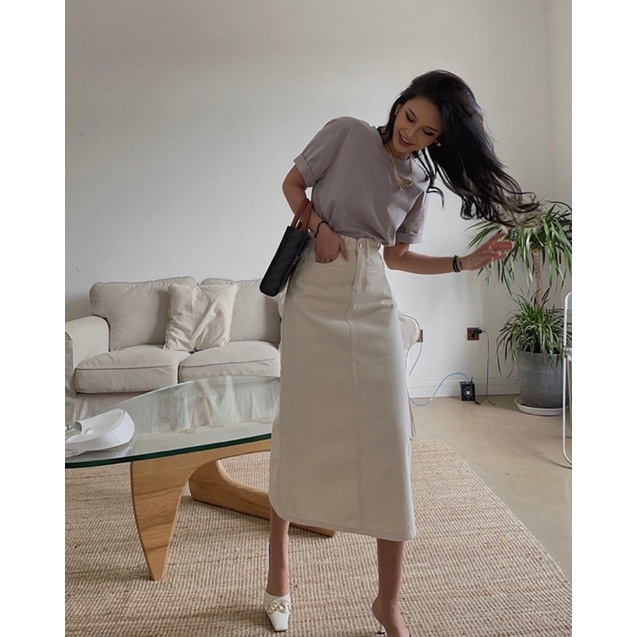 Set Chân Váy Midi Kaki Phối Áo Thun