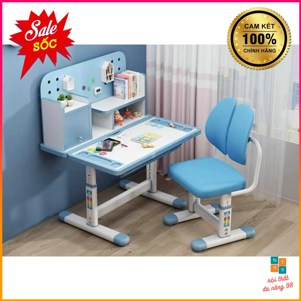 Bộ bàn ghế học sinh chống gù chống cận có giá sách Tặng kèm Đồng hồ bấm giờ, có điều chỉnh nâng hạ độ cao