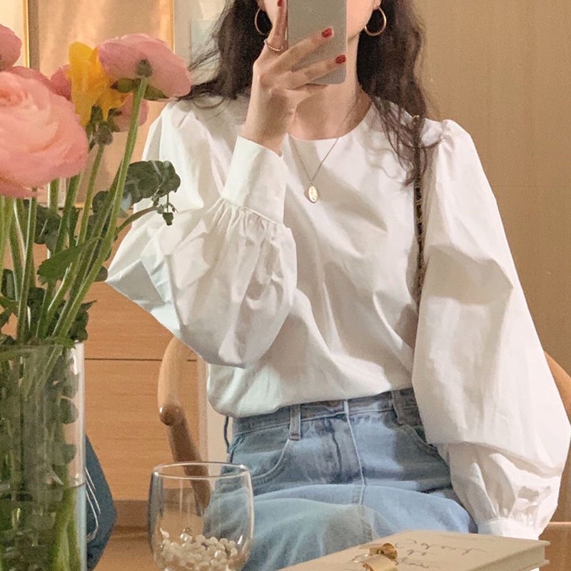 Sơ mi cổ tròn 2 màu trắng be phong cách hàn quốc