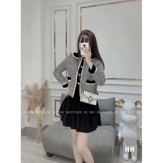 Anu670 - áo khoác dạ tweet xám cổ sen đen viền ren