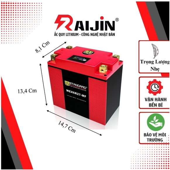 Bình ắc quy xe máy lithium WEX6R27-MF điện áp 12,8V 580CCA nhập khẩu USA dành cho xe mô tô dung tích xi-lanh lớn.