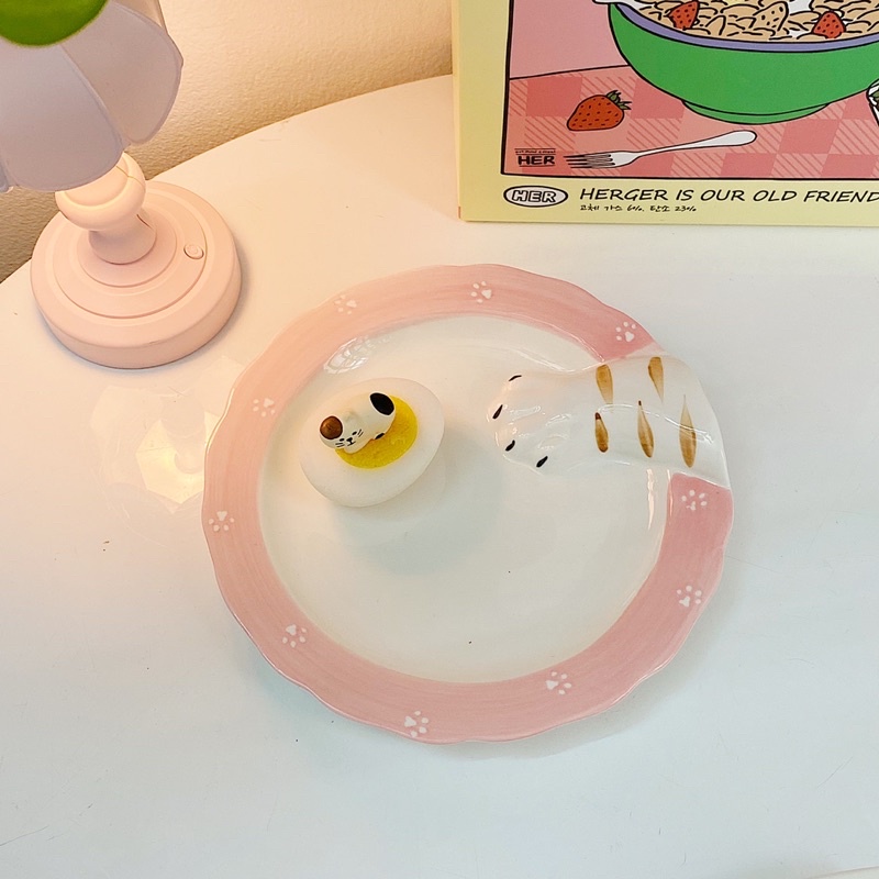 (Tự chụp/ Có sẵn) Đĩa gốm sứ mèo tham ăn măng cụt