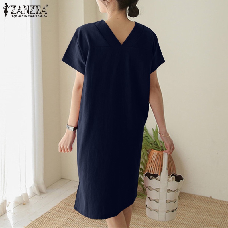 Đầm midi Zanzea tay ngắn cổ chữ v màu trơn phong cách vintage thời trang cho nữ
