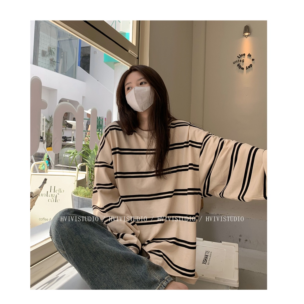 Áo Thun Nữ Tay Dài Cổ Tròn Sọc Ngang Thời Trang