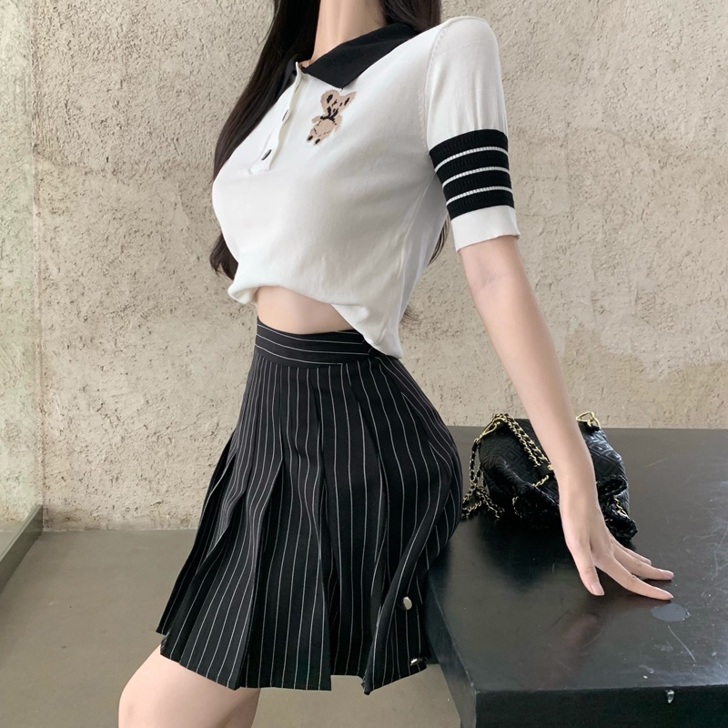 【Hana and Alice】Áo Thun POLO Dệt Kim Tay Ngắn Thêu Hình Gấu Dễ Thương