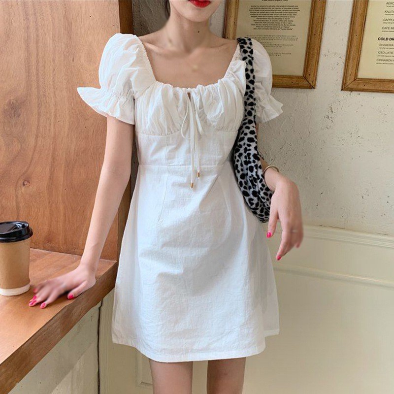 Đầm Nữ Ngắn Tay Cổ Vuông Thời Trang Hàn