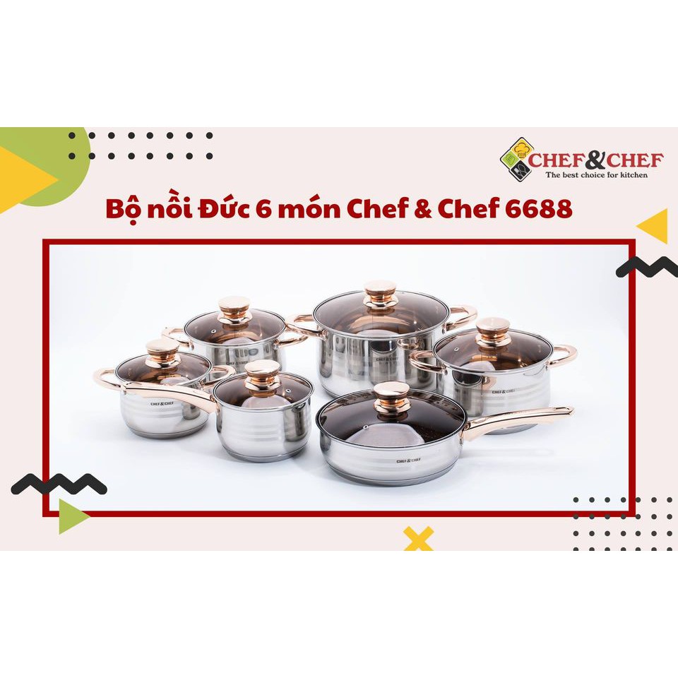 BỘ NỒI ĐỨC CHEF&CHEF 6 MÓN 12 CHI TIẾT VUNG KÍNH ĐÁY TỪ 5 LỚP CAO CẤP