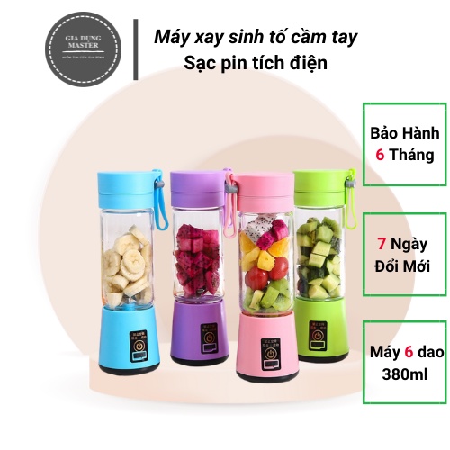 Máy xay sinh tố cầm tay mini, sạc pin tích điện, cổng sạc USB, gọn nhẹ thuận tiện, máy 6 dao, 380ml