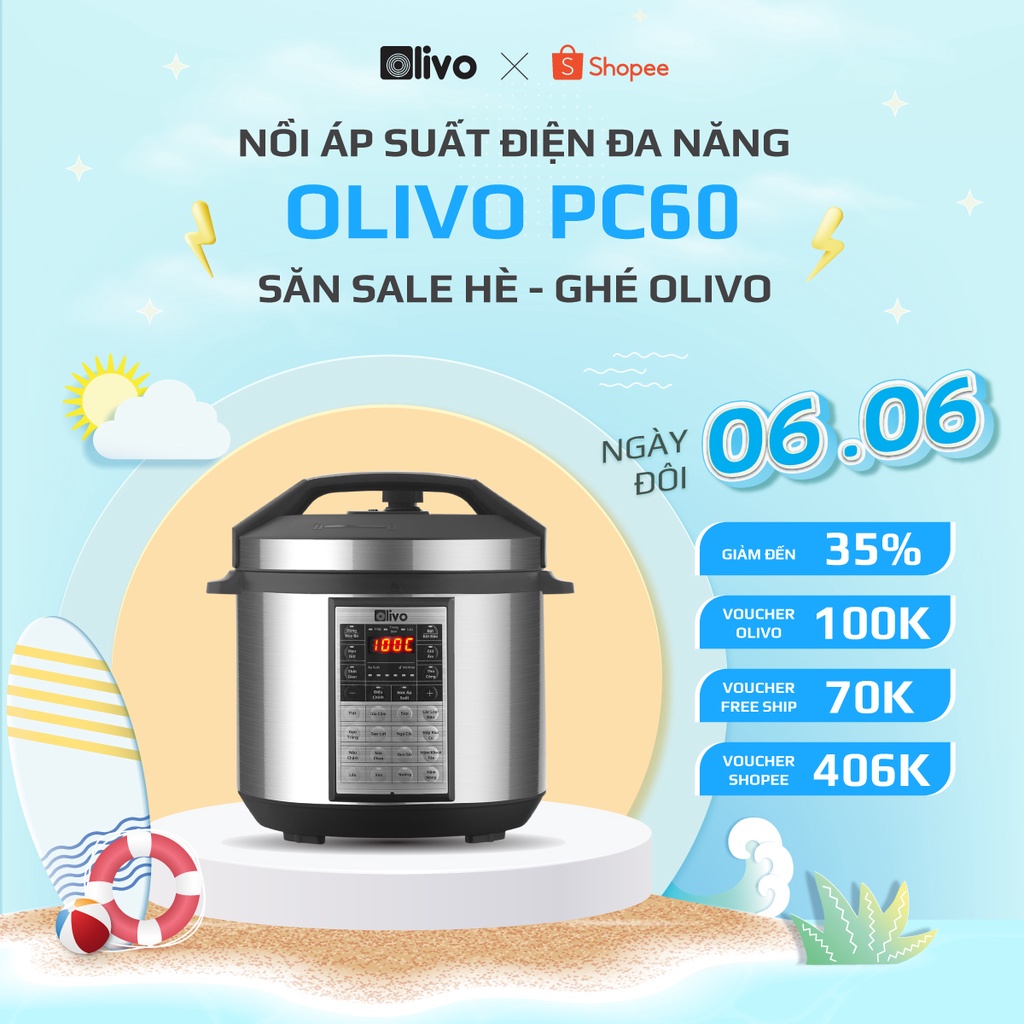 Nồi áp suất điện đa năng Olivo PC60 ⚡CHÍNH HÃNG - BH 24 THÁNG⚡ 16 chức năng - Dung tích 6L - Công suất 1000W