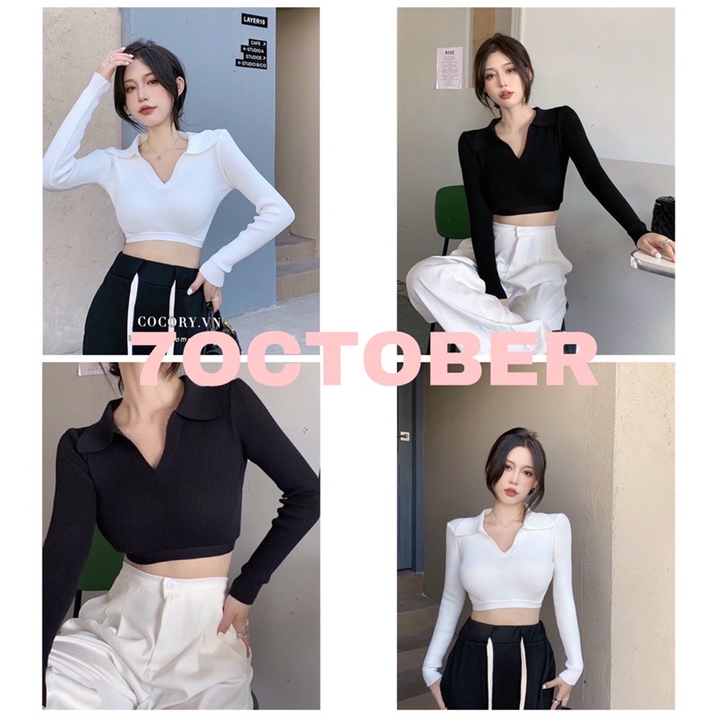 Áo CropTop Cổ Bẻ Tay Dài( Kèm ảnh thật )