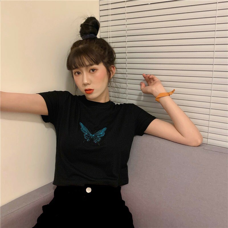 Áo croptop ❄ FREESHIP ❄ Áo thun nữ thêu bướm xanh thời trang XIXO ATN0021