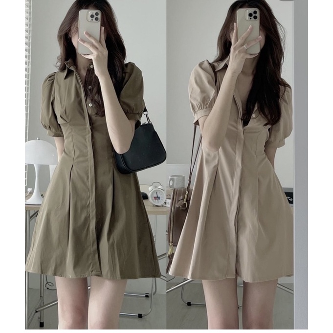 [HÀNG SẴN]VÁY KAKI 2 DA TAY BỒNG CHIẾT EO 1407 siêu xinh