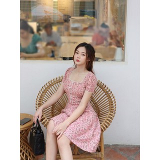 Đầm hoa nhí cổ vuông phối ren vintage