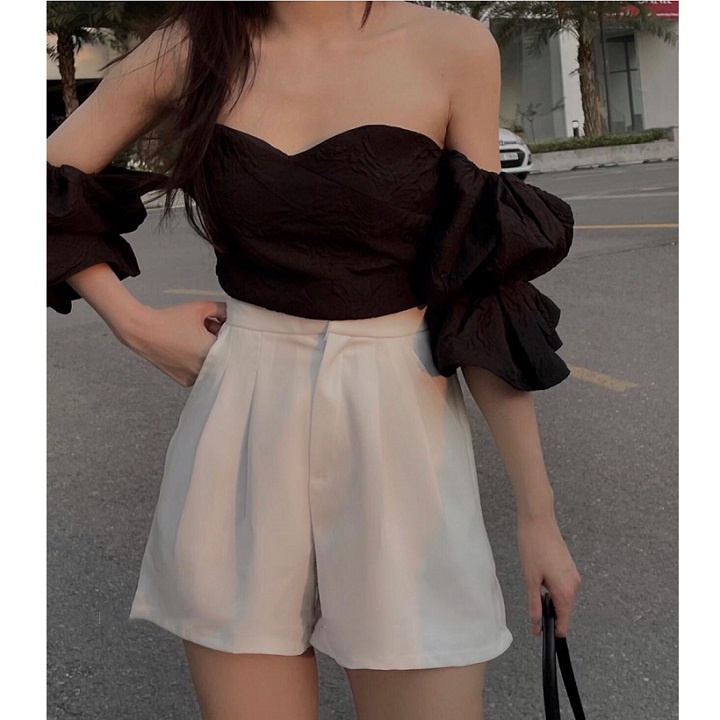 Quần short nữ cạp cao ống rộng cài cúc basic, Quần short nữ xếp ly eo MOQ01 - Mono Boutique